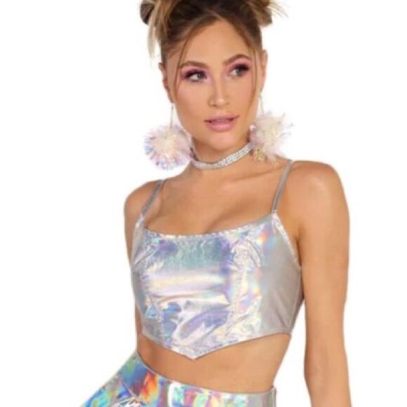 Iheartraves Holographic Colorful Cropped Corset Festival Rave Top - Picture 3 of 5